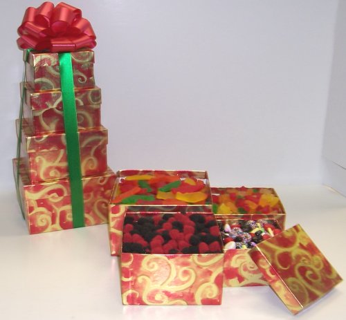 Scott's Cakes 4 Tier Red and Gold Swirl Box Gummie Candy Lovers Surprise by Raspberry Candy