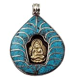 White Metal Brass Turquoise Inlaid Buddha Statue Tibetan Pendant, #11
