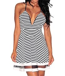 Sexy V-neck Striped Print Mesh Plunging Neck Cocktail Skater Dress/Party Dress 