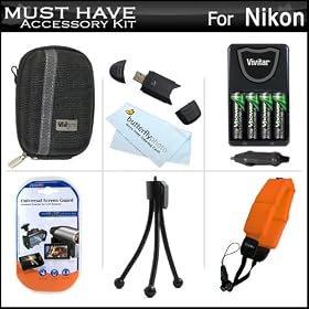 Must Have Accessories Kit For Nikon Coolpix S30 Waterproof Digital Camera Includes FLOAT STRAP + USB 2.0 High Speed Card Reader + 4AA High Capacity Rechargeable NIMH Batteries And AC/DC Rapid Charger + Deluxe Carrying Case + LCD Screen Protectors + More