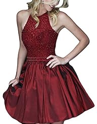 Short Halter Beaded Backless Lace Homecoming Dress/Prom Dress/Party Dress 