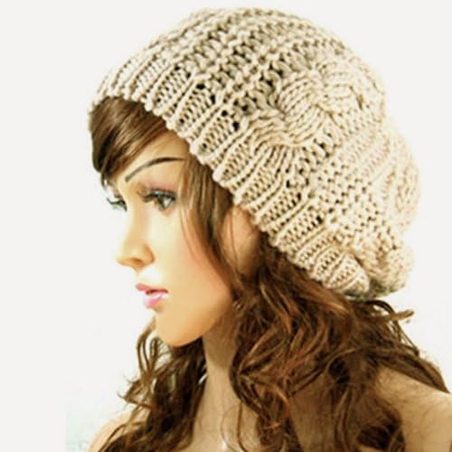 Winter Lady Women Baggy Beret Chunky Knit Knitted Braided Beanie Hat Ski Cap Beige