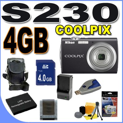 Nikon Coolpix S230 10MP Digital Camera w/3x Optical VR Zoom (Jet Black) BigVALUEInc Accessory Saver 4GB EL10 Battery/Charger Bundle