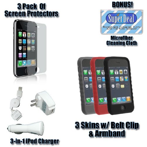 3 IN 1 Home Travel Charger - Car Charger - Retractable USB + 3 Flexible Soft Silicone Skin Cases Grey - Black - Red - + 3 Premium Reusable LCD Screen Protector BONUS SUPERDEAL Cleaning Cloth for Apple iPhone 3G 8GB - 16GB - 32GB 3 IN 1 Home Travel Charger - Car Charger - Retractable USB + 3 Flexible Soft Silicone Skin Cases Grey - Black - Red - + 3 Premium Reusable LCD Screen Protector BONUS SUPERDEAL Cleaning Cloth for Apple iPhone 3G 8GB - 16GB - 32GB