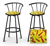 2 Chili Peppers Specialty / Custom Black Barstools with Backrest Set
