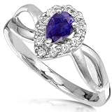 Pear shape Blue Sapphire & Diamond Ring 14K White Gold (HI/I1-I2)