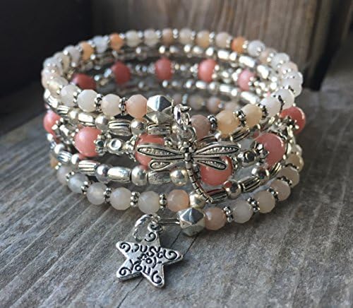 Pale Pink Dragonfly Multi Strand Memory Wire Wrap Bracelet With Star Charm