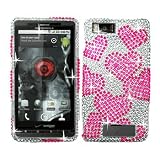 Premium White with Pink Hearts Bling Diamond Snap-On Cover Hard Case Cell Phone Protector for Motorola Droid X MB810