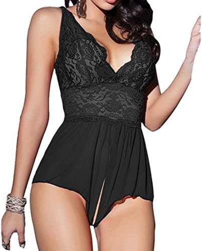 Rozegaga Women's Sexy See-through Babydoll Lace Lingerie Open Crotch Pant Dress (XXXL, Black)