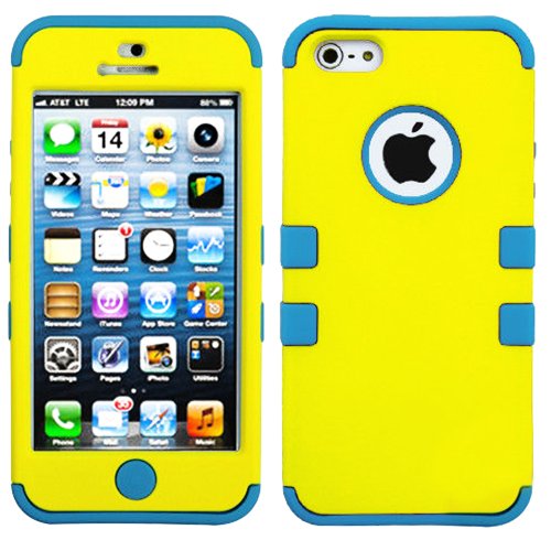 myLife Sky Blue and Yellow - Colorful Robot Series (Neo Hypergrip Flex Gel) 3 Piece Case for iPhone 5/5S (5G) 5th Generation Smartphone by Apple (External 2 Piece Fitted On Hard Rubberized Plates + Internal Soft Silicone Easy Grip Bumper Gel)