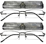 2 READING GLASSES~Half Rim~Spring Hinge~Metal~Case~GUNMETAL+2.50