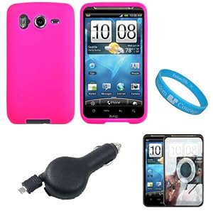Hot Pink Rubberized Soft Silicone Skin Cover Case for AT&T Wireless New HTC Inspire 4G Android Smartphone + Mirror Screen Protector + Black Retractable Car Charger with IC Chip + SumacLife TM Wisdom Courage Wristband