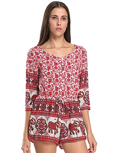 Choies Women's Red Floral Leaves And Elephant Animal-printed V Neck Romper Playsuit