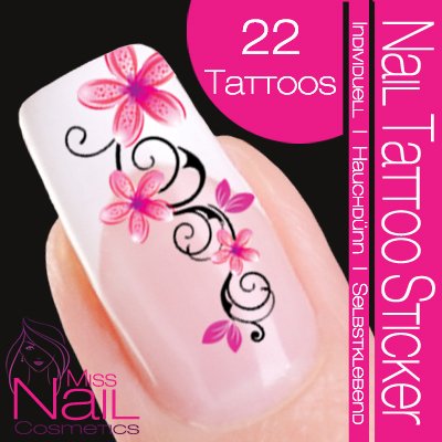 Nailart NAIL TATTOO STICKER - blossom / ornament - pink / black