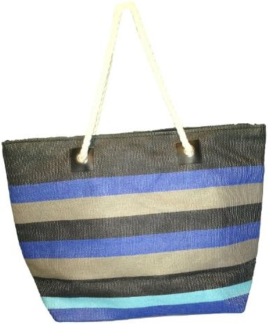 Large Stripe Straw Look Beach Bag Tote - 21"x15"x6" (Blue Stripes)