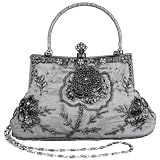 Gray Exquisite Antique Seed Beaded Rose Evening Handbag, Clasp Purse Clutch w/Hidden Handle and Chain