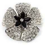 5 Petal Crystal Flower Brooch (Black&Clear)