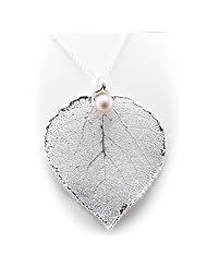 Silver Plated Aspen Real Leaf Freshwater Pearl Pendant Sterling Silver Flat Cable Chain Necklace 16, 18, 20 Inch
