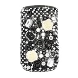 SPARKLING BLACK WITH BLACK AND WHITE FLOWER FULL DIAMOND RHINESTONE SNAP ON HARD SKIN FACEPLATE COVER CASE FOR BLACKBERRY CURVE 8520 8530