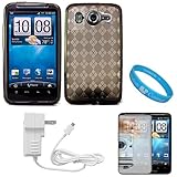 Smoke Argyle Premium Thermoplastic Polyurethane Protective TPU Silicone Skin Cover Case for AT&T Wireless New HTC Inspire 4G Android Smart Phone + Mirror Screen Protector + White Rapid Travel Wall Charger with IC Chip + SumacLife TM Wisdom Courage Wristband