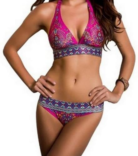 Lovingly - Floral Punk Beachwear Trikini Beach Wear Sexy Women 2 Pieces Swimwear Halter Summer Padded Bikini Fringed Bra Top Set