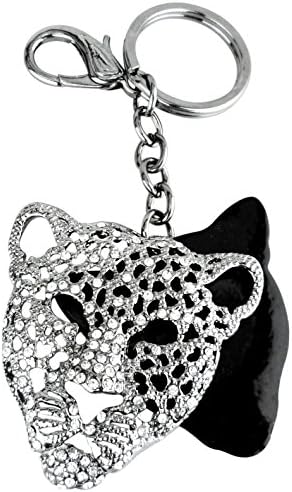 Leopard Mask Crystals Rhinestone Handbag Purse Charm / Key Chain Keyring Holder (Silver)
