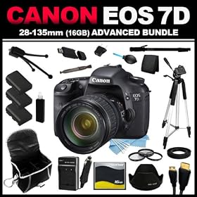 Canon EOS 7D 18 MP CMOS Digital SLR Camera 3-inch LCD with 28-135mm Lens (16GB Advanced Bundle Kit) includes x3 Batteries, Charger, Case, Memory Card, Memory Card Wallet, HDMI Cable, Table Tripod, Full Size Tripod, Monopod, USB Card Reader, x3 Filters, Lens Hood, Rubber Hood, Dust Blower, Lens Pen, 