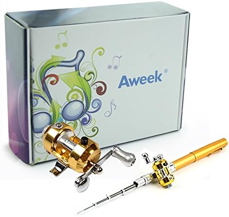 Aweek® Telescopic Mini Fishing Rod Pen Portable Pocket Aluminum Alloy Fishing Fish Spinning Rod Pole + Fishing Reel + Bobber - Gold (Gold)