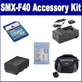 Samsung SMX-F40 Camcorder Accessory Kit includes: SDIABP210E Battery, SDC-26 Case, SDM-1524 Charger, KSD2GB Memory Card, ZELCKSG Care & Cleaning