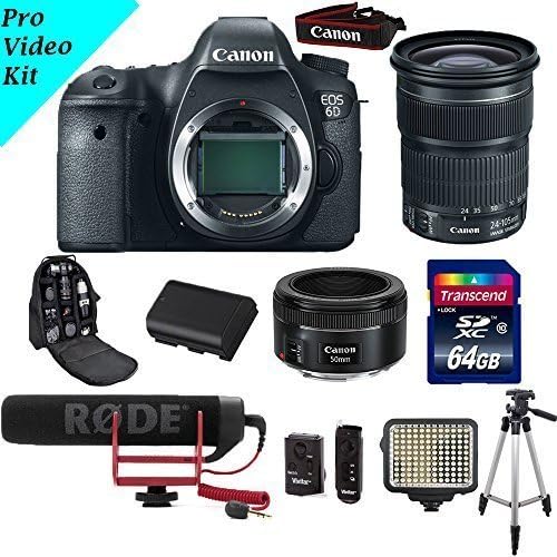 Pro Video Starter Kit for 6d 20.2 MP Full Frame CMOS DSLR Camera + Rode Go Video Microphone+ 24-105mm IS STM Lens+ 50mm 1.8 STM Lens+ LED Video Light+ 64gb Transcend SD card+ Extra Battery
