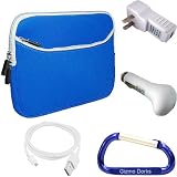 Blue Barnes and Nobles Nook eBook Neoprene Glove Series Zipper Case Cover, USB Charging Cable / Data HotSync, USB Car Charger, USB USB Power Adapter / Wall Charger, and Free Carabiner Key Chain