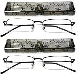 2 READING GLASSES~Half Rim~Spring Hinge~Metal~Case~BLACK+1.50