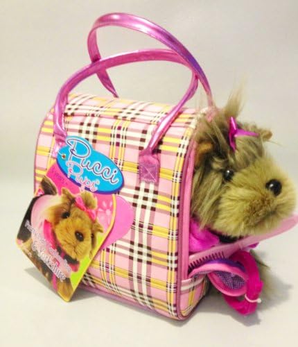 Pucci Pups Yorkshire a Terrier with Accessories in Pretty Plaid Trendy Carrier - 5 Pieces