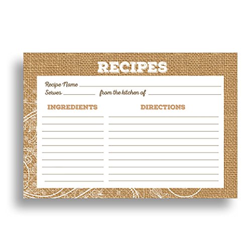 Burlap and Lace Recipe Card Set from Dashleigh, 48 Cards, 4x6 inches, Water-Resistant and High Quality