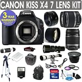 Canon Rebel KISS X4 + Canon 18-55mm Lens + Canon 55-250mm Lens + Canon 50mm Lens +500mm Preset Lens + 650-1300mm Lens + .40x Fisheye Lens + 2x Telephoto Lens + Extra Battery + 3 Year Celltime Warranty Repair Contract