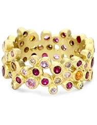 Annie Fensterstock Wide Vega 18k Yellow Gold, Sapphire, Ruby and Diamond Ring, Size 7