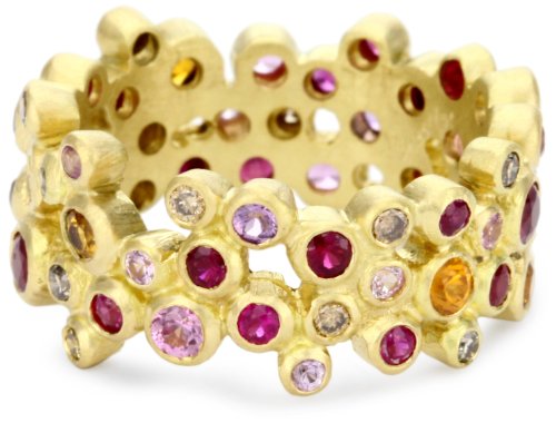 Annie Fensterstock Wide Vega 18k Yellow Gold, Sapphire, Ruby and Diamond Ring, Size 6.5
