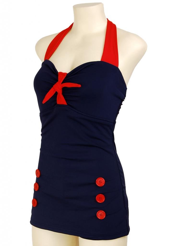 Bow Front Navy Blue Vintage Pin up Rockabilly Women's Swimsuit Swimwear