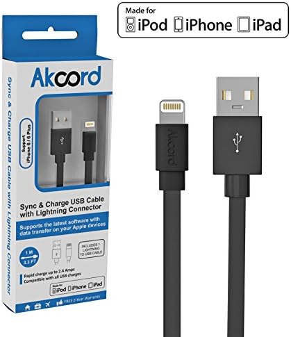 Lightning Cable, Akcord® Apple MFi Certified Flat USB Charge &amp; Sync Cord, 3.3ft / 1m for iPhone 6 6Plus 5s 5c 5, iPad Air mini mini2, iPad 4th gen, iPod touch 5th gen, and iPod nano 7th gen - Black
