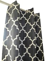 Pair of Decorative Designer Grommet Top Drapery Panels In Black & Creme Fret Work-84 