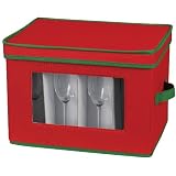 Household Essentials Flute-Style Stemware Holiday Storage Chest, Red Canvas with Green Trim