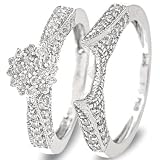 3/4 Carat T.W. Round Cut Diamond Engagement Ring and Women's Wedding Band Set 14K White Gold - Two Rings: Ladies Engagement Ring and Ladies Wedding Band - Free Gift Box -