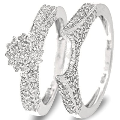 3/4 Carat T.W. Round Cut Diamond Engagement Ring and Women's Wedding Band Set 10K White Gold - Two Rings: Ladies Engagement Ring and Ladies Wedding Band - Free Gift Box -