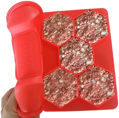 Silicone Burger Press and Freezer Container, Juntong Kitchen BBQ Grill Stuffed Hamburger Silicone Maker 5 in 1 Patty Maker Red for Sausage Patties, Hash Browns, Cutlets