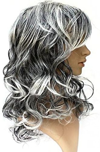 HI GIRL White Grey Mix Long Hair Curly Wavy Full Wigs Cosplay Costume Party Wig for men