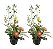TWO Pre-Potted 30" Artificial Bamboo Protea Mixed Flowers and Plants Arrangement