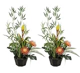 TWO Pre-Potted 30" Artificial Bamboo Protea Mixed Flowers and Plants Arrangement