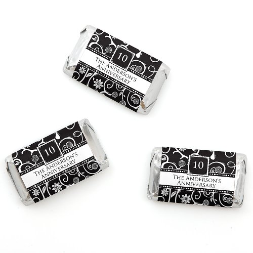 Modern Floral Black & White – Any Year – Personalized Wedding Anniversary Mini Candy Bar Wrapper Favors – 20 ct