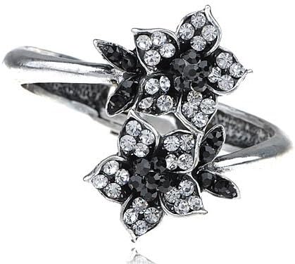 Silver-tone Black Clear Crystal Rhinestone Flower Fashion Bracelet Bangle Cuff