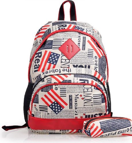 Icon Vintage PU Backpack for School Fashion US / Britain Flag Book Bags with A Pencil Case (USred-S)